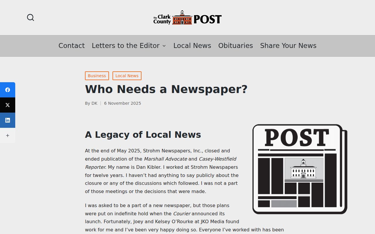 Clark County Post article about the Marshall Advocate and Casey-Westfield Reporter closure