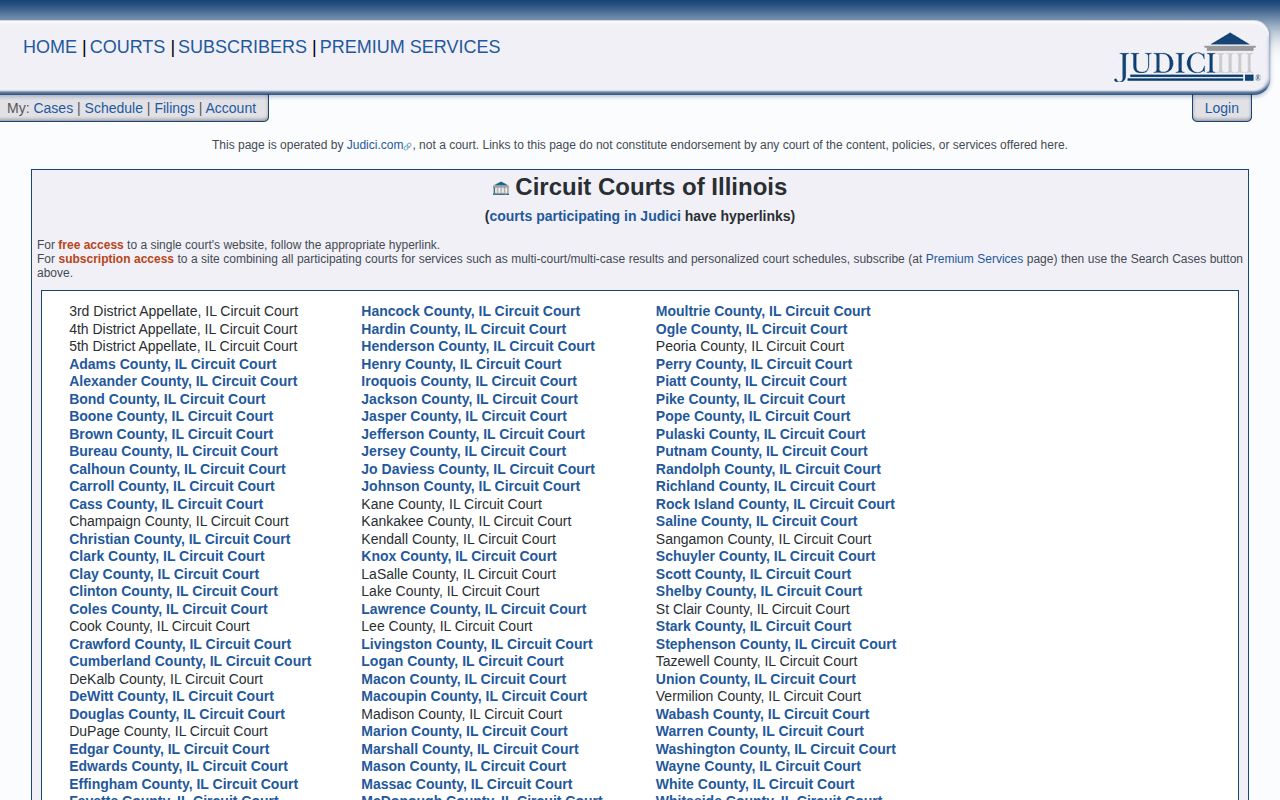 Judici Illinois circuit court index showing Clark County court search links
