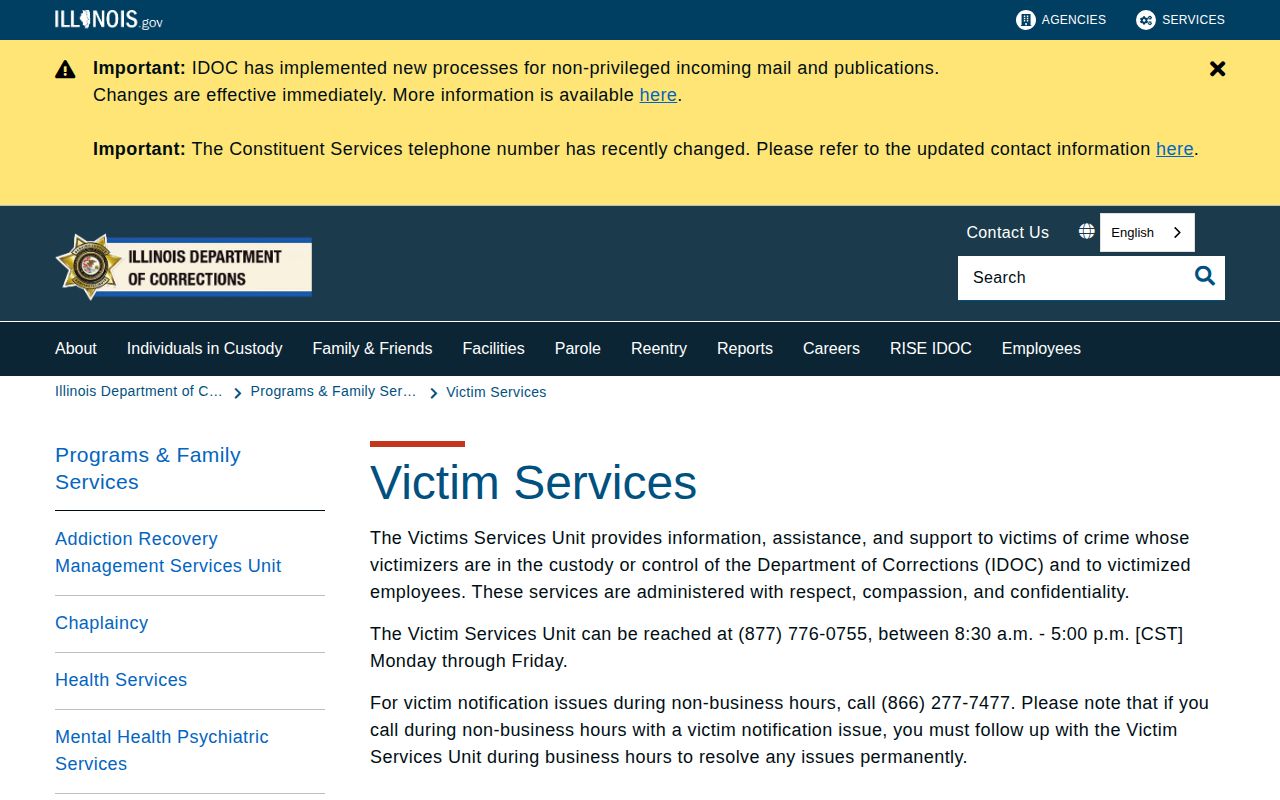Illinois DOC victim services and VINE information for state custody